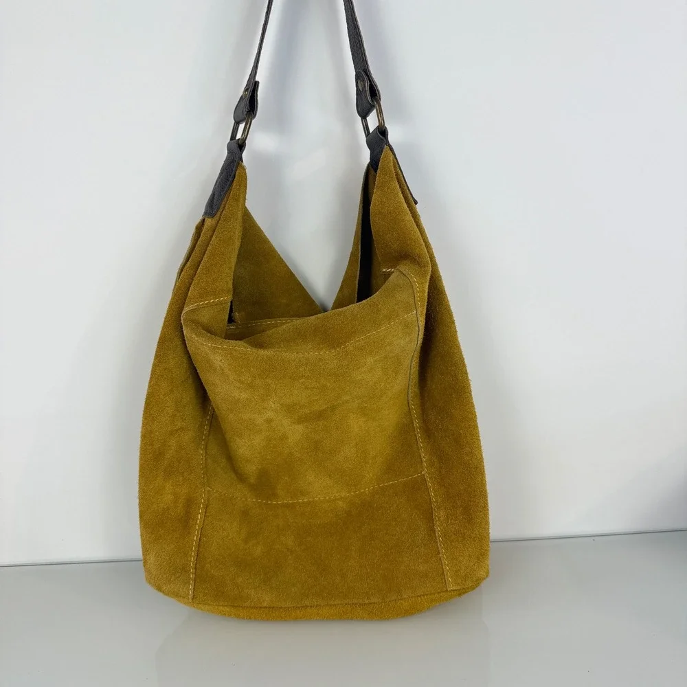 Moda in Italia Hobo Bag Tote Womens Mustard Yellow Suede Leather Slouchy Zip